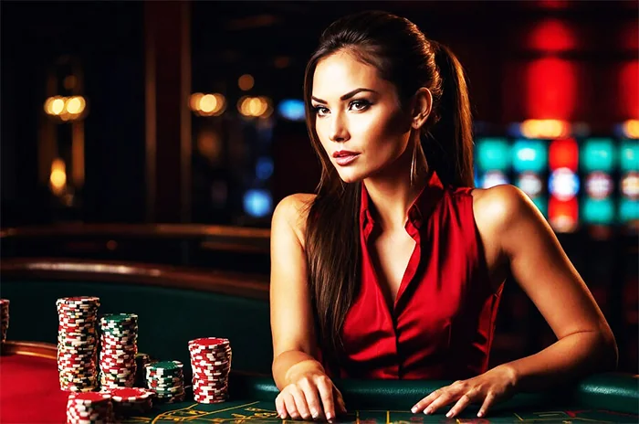 Tampilan meja kasino live dengan dealer dan suasana ruang permainan