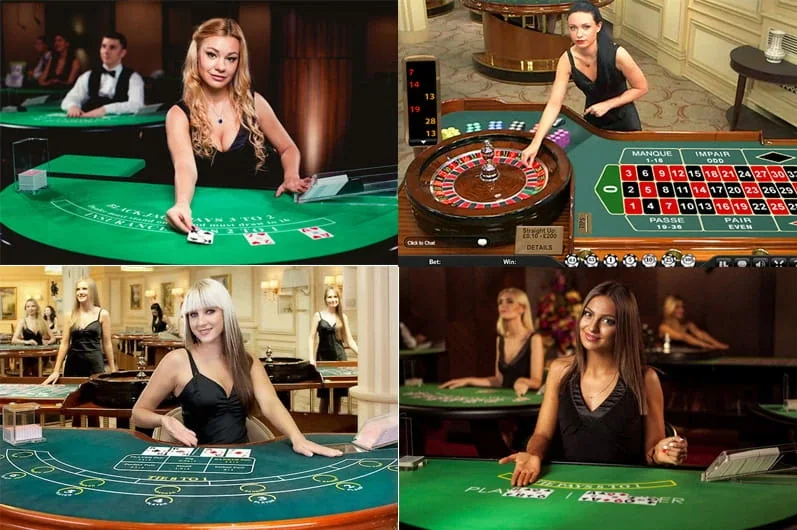 Ruang permainan meja live dengan area taruhan dan kamera dealer